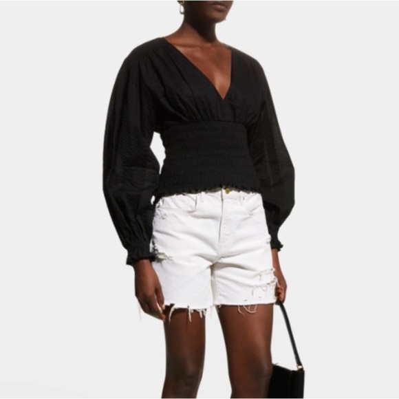 Frame black smocked V neck long blouson puff sleeves blouse top size small - Picture 2 of 7